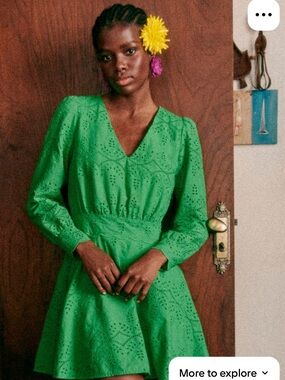 Sezane Emerald Green Eyelet V-Neck Mini Dress-NWTO Size 44 (US Size 12)
